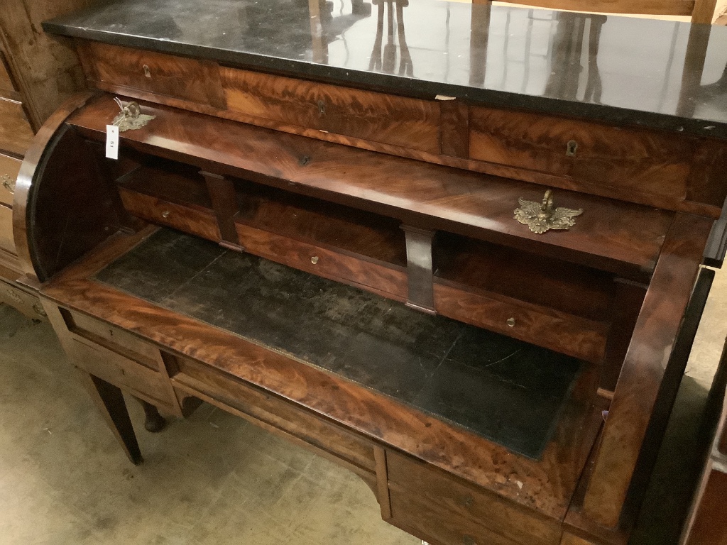 A 19th century French Empire cylinder bureau, length 147cm, depth 74cm, height 128cm